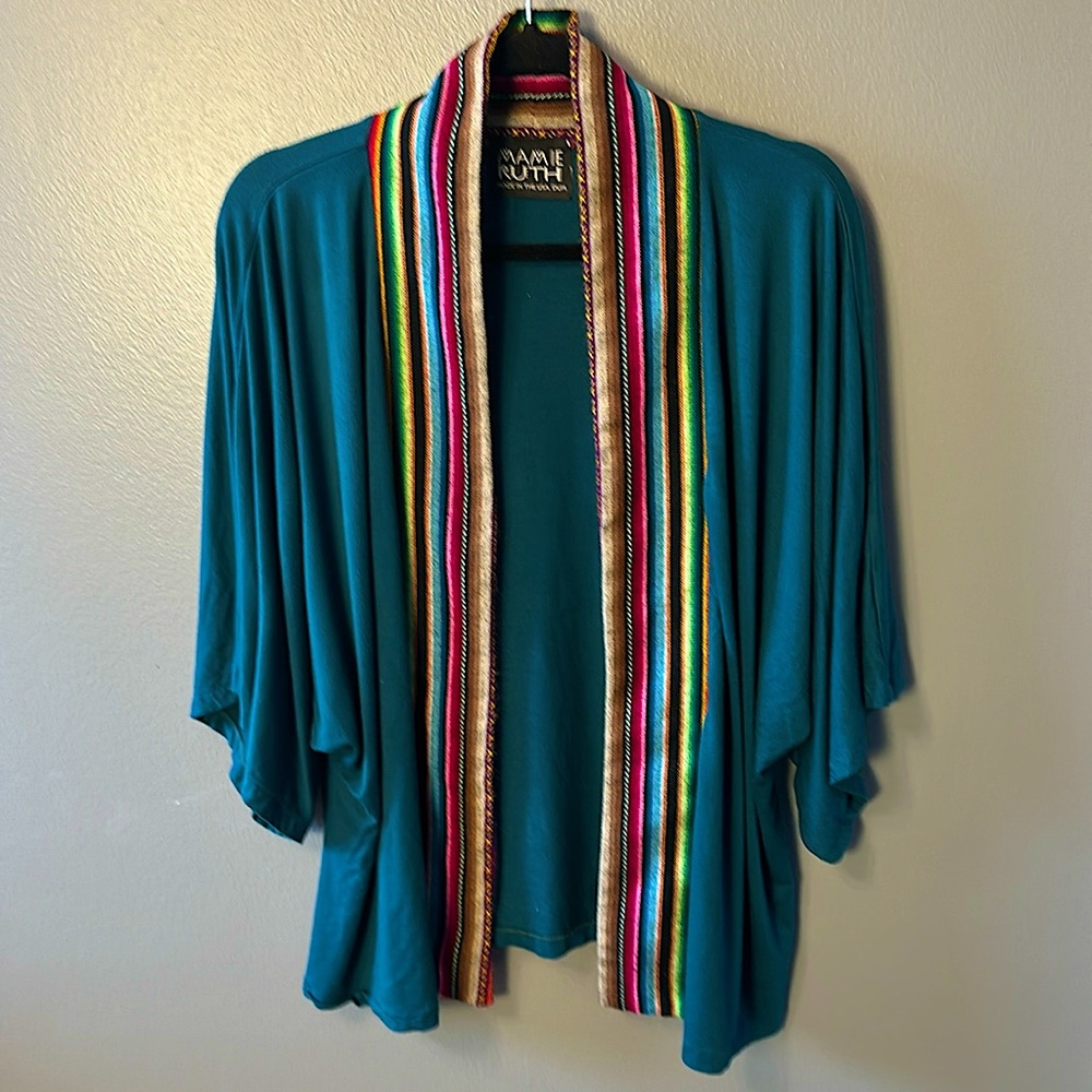 MAMIE RUTH Festival boho colorful green open cardigan
